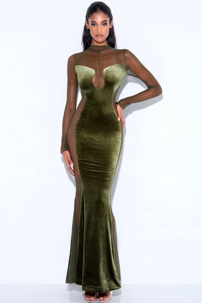 Velvet Mesh Patchwork Long Sleeve Gown Maxi Dresses-Hayhty.All Rights Reserved.