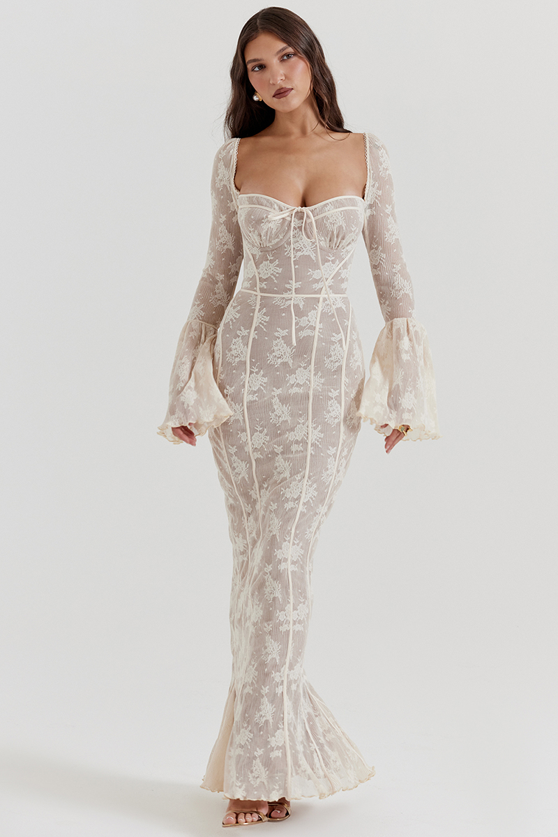 Square Neck Long Flare Sleeve Jacquard Fishtail Garden Party Maxi Dresses-White-Hayhty.All Rights Reserved.