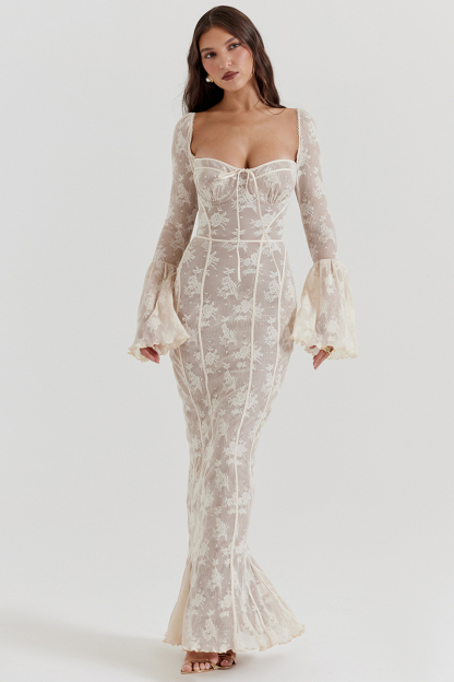 Square Neck Long Flare Sleeve Jacquard Fishtail Garden Party Maxi Dresses-White-Hayhty.All Rights Reserved.
