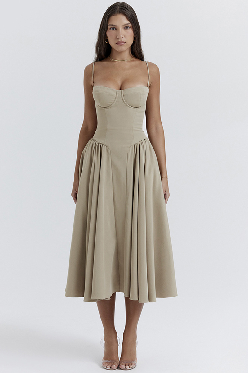 Elegant Cinch Waist Pleated Formal Party Slip Midi Dresses-Beige-Hayhty.All Rights Reserved.