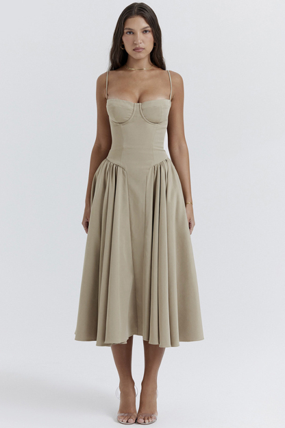 Elegant Cinch Waist Pleated Formal Party Slip Midi Dresses-Beige-Hayhty.All Rights Reserved.