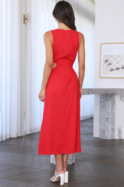Boat Neck Cut Out A Line Sleeveless Midi Dress-Hayhty.All Rights Reserved.