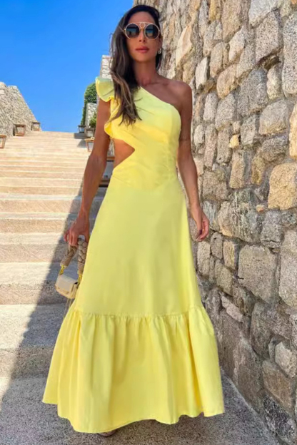 One Shoulder Ruffle Sleeveless Cutout Solid Color Maxi Dresses-Yellow-Hayhty.All Rights Reserved.