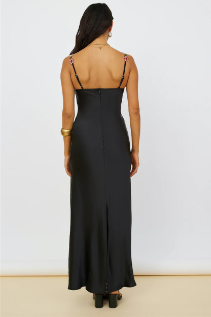 Embroidered Flower Boat Neck High Slit Satin Slim Garden Party Slip Maxi Dresses-Hayhty.All Rights Reserved.