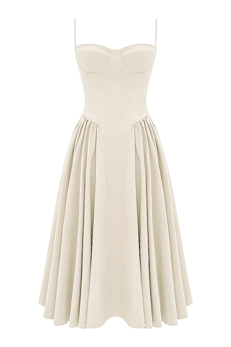 Elegant Cinch Waist Pleated Formal Party Slip Midi Dresses-Beige-Hayhty.All Rights Reserved.