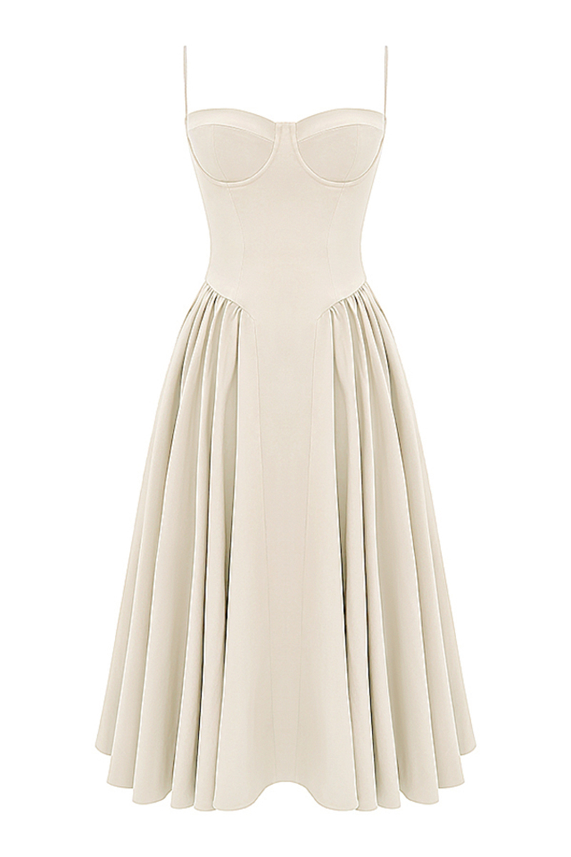 Elegant Cinch Waist Pleated Formal Party Slip Midi Dresses-Beige-Hayhty.All Rights Reserved.