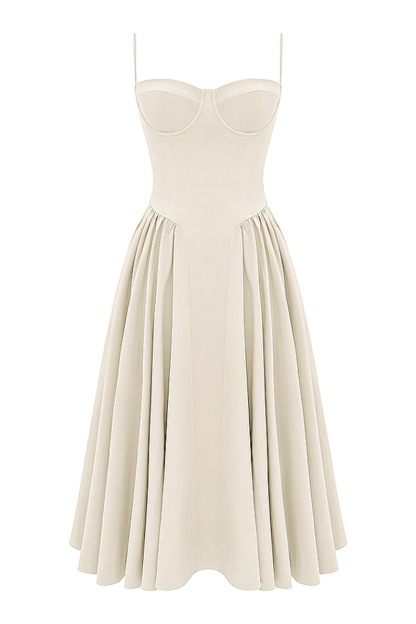Elegant Cinch Waist Pleated Formal Party Slip Midi Dresses-Beige-Hayhty.All Rights Reserved.
