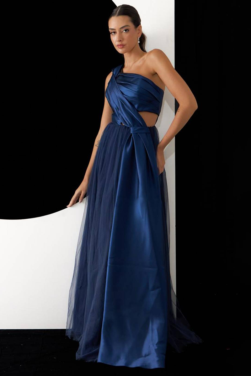 Pleated Cinch Waist Cutout One Shoulder Gowns Maxi Dresses-Blue-Hayhty.All Rights Reserved.