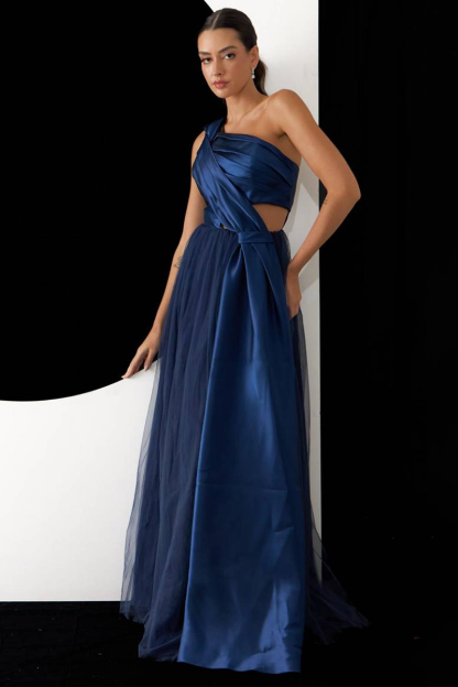 Pleated Cinch Waist Cutout One Shoulder Gowns Maxi Dresses-Blue-Hayhty.All Rights Reserved.