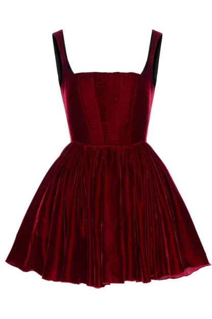 Velvet A-Line Pleated Square Neck Slip Mini Dresses-Hayhty.All Rights Reserved.