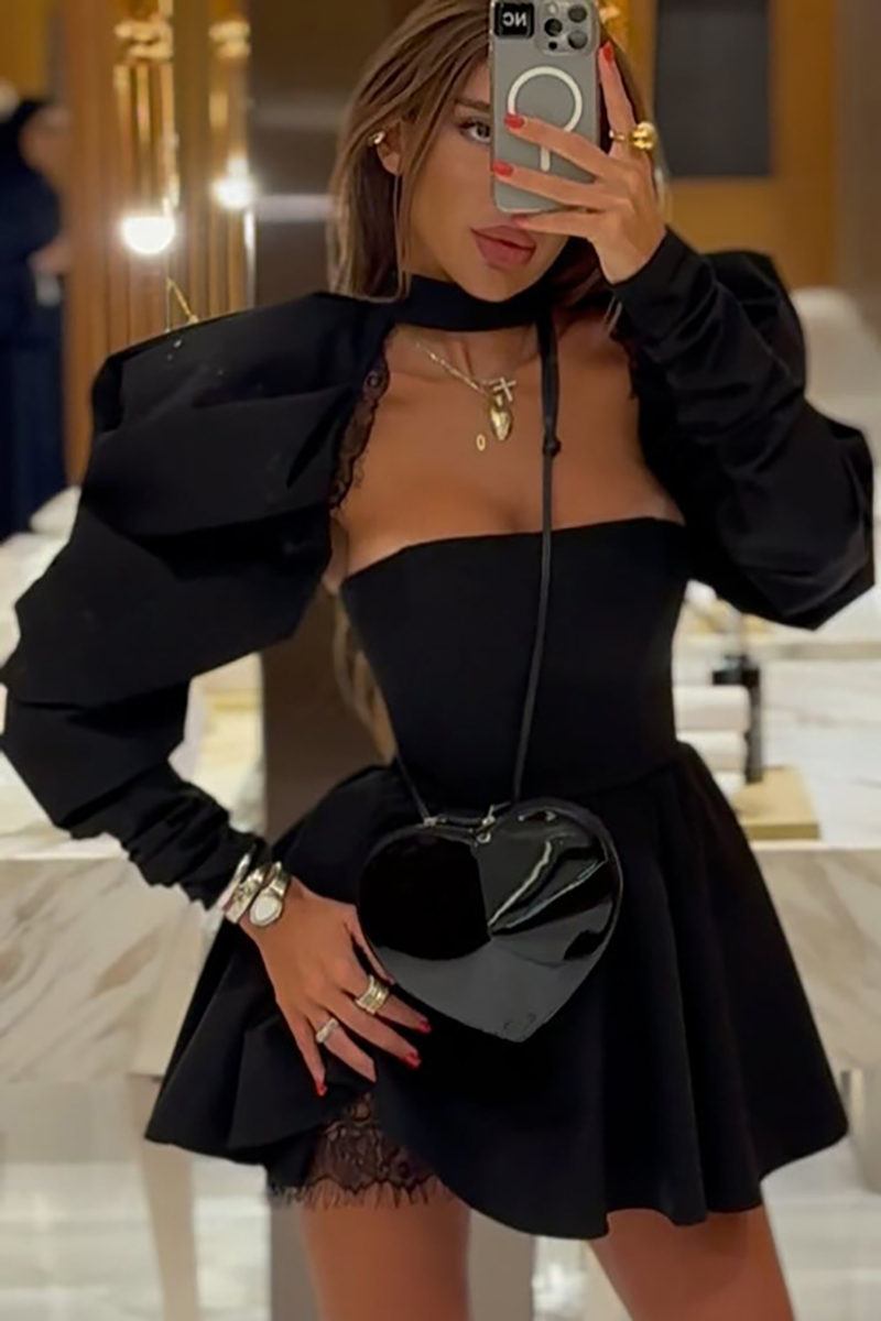 Stand Collar Puffy Long Sleeve Strapless A-Line Mini Dresses 2pcs Set-Black-Hayhty.All Rights Reserved.