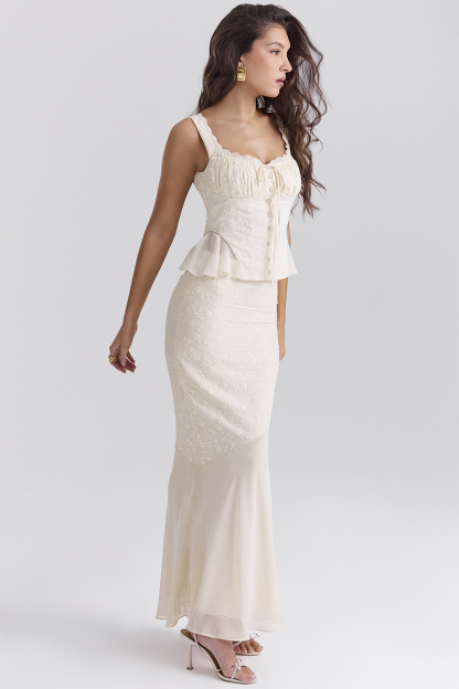 Floral Embroidery Ruffled Top Bodycon Maxi Skirt Matching Set-Ivory-Hayhty.All Rights Reserved.