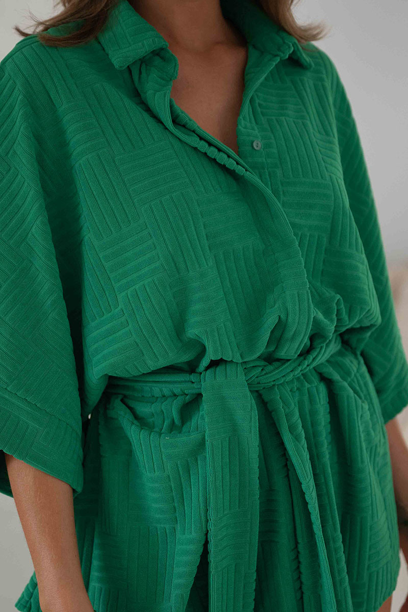 Sleeve Tied Button Down Oversized Waist Rompers-Hayhty.All Rights Reserved.