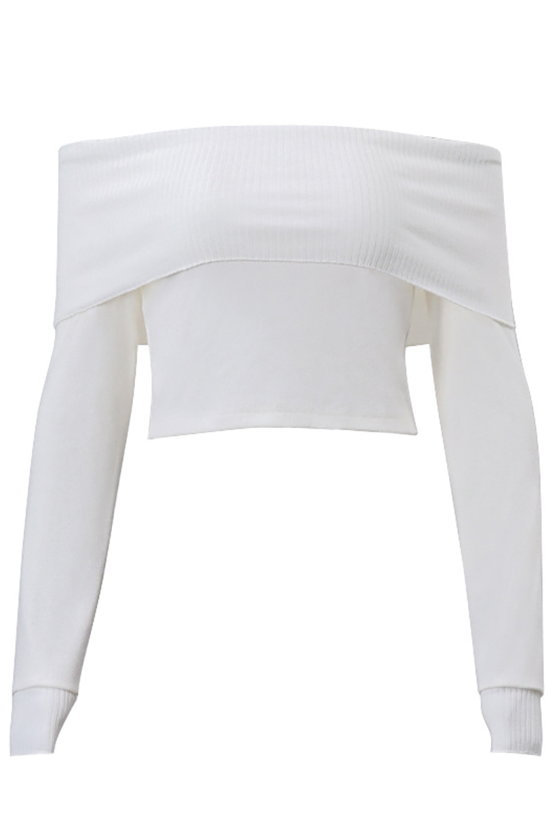 Off Shoulder Overlay Design Long Sleeve Slim Fit Knit Crop Top-White-Hayhty.All Rights Reserved.