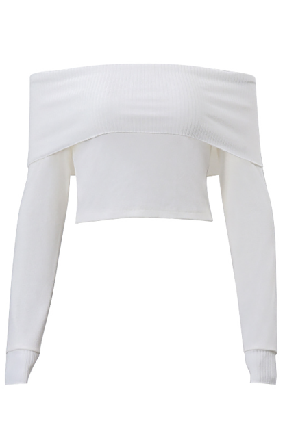 Off Shoulder Overlay Design Long Sleeve Slim Fit Knit Crop Top-White-Hayhty.All Rights Reserved.