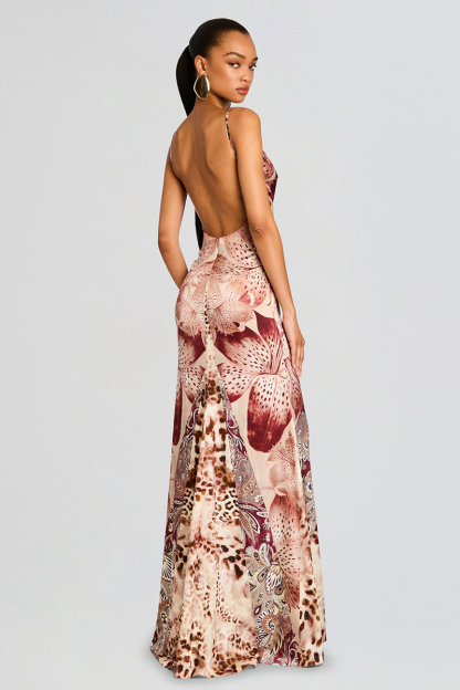 Leopard Mixed Print High Slit Backless Maxi Slip Dresses-Beige-Hayhty.All Rights Reserved.