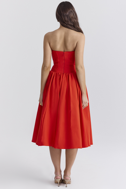 Strapless Corset Pleated Hem Prom Party Midi Dresses-Red-Hayhty.All Rights Reserved.