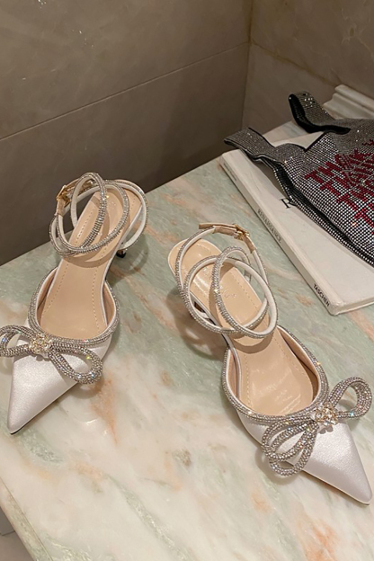 Rhinestone Bow Patchwork Pointy High Heel Sandals-Hayhty.All Rights Reserved.