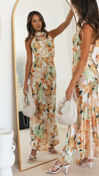 Floral Print Halter Backless Flowy Vacation Maxi Dresses-Hayhty.All Rights Reserved.
