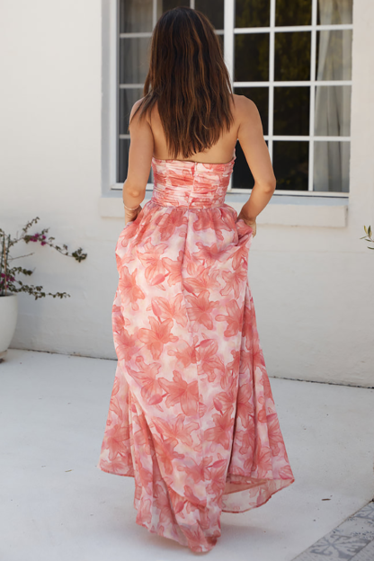 Floral Print Strapless High Slit Flowy Hem Maxi Dresses-Red-Hayhty.All Rights Reserved.