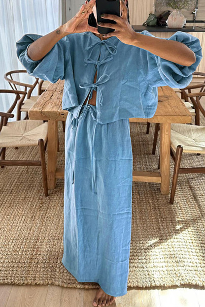 Puff Sleeve Front Tie Up Blouse Solid Color Maxi Skirt Matching Set-Brown-Hayhty.All Rights Reserved.