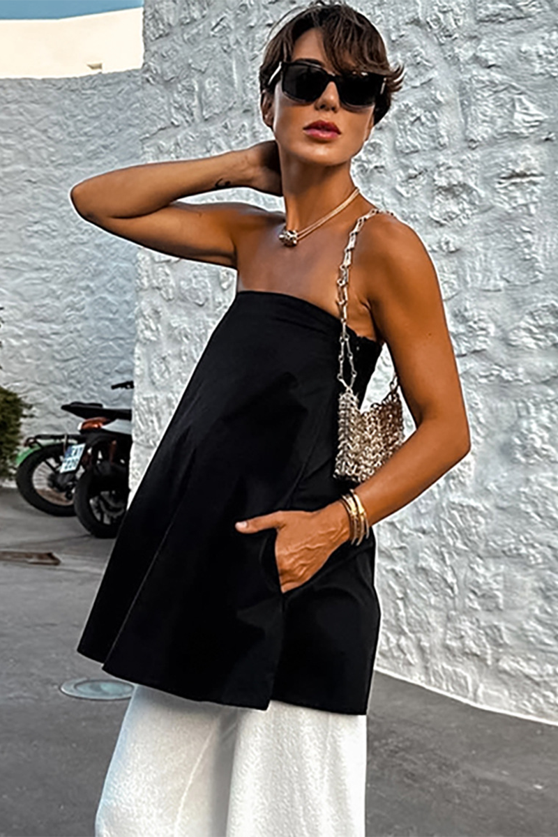 Solid Color Loose Fit A-Line Strapless Top-White-Hayhty.All Rights Reserved.