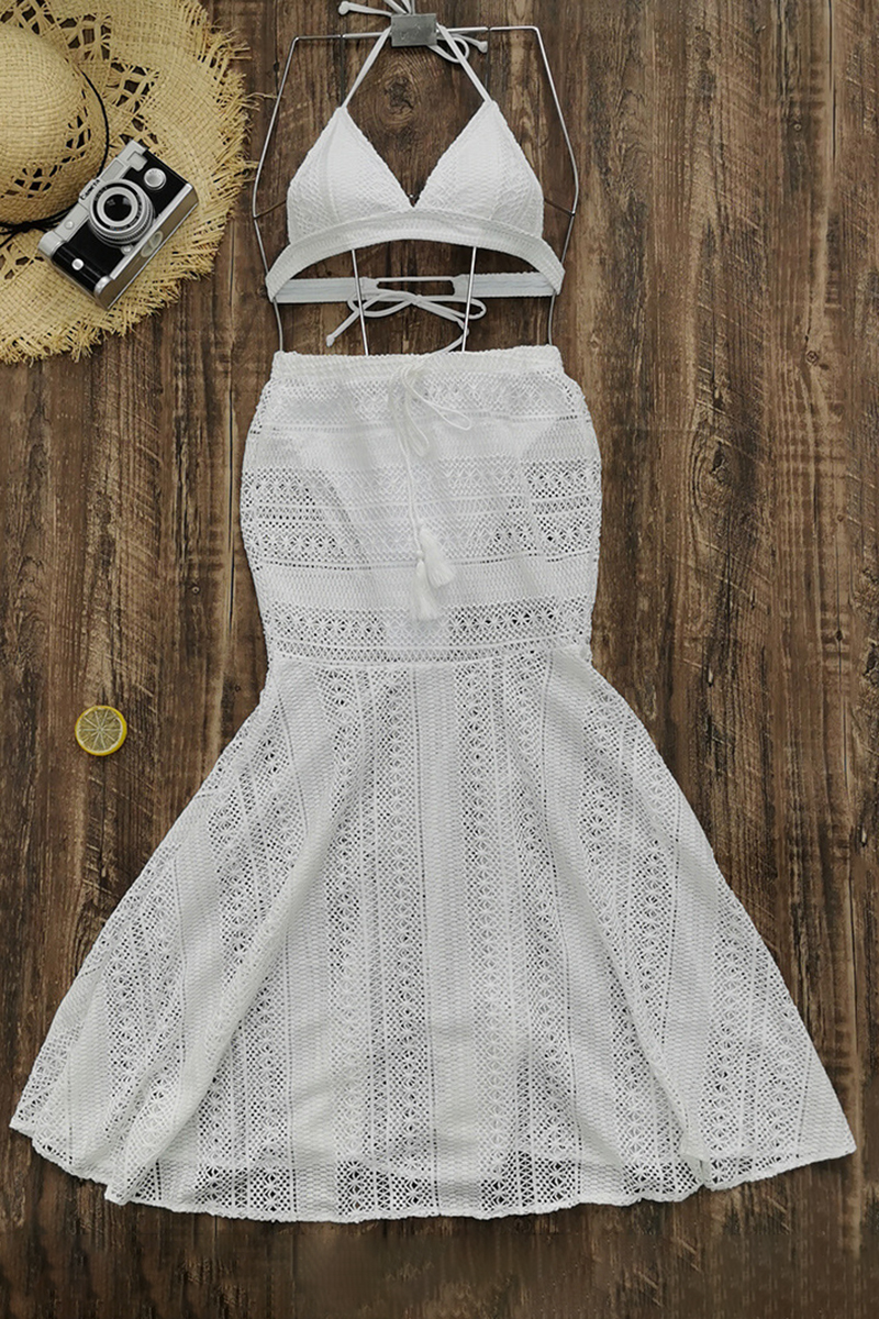 Lace Hollow Out White Tied Up Halter Deep V Neck 3-Piece Bikini Sets-Hayhty.All Rights Reserved.
