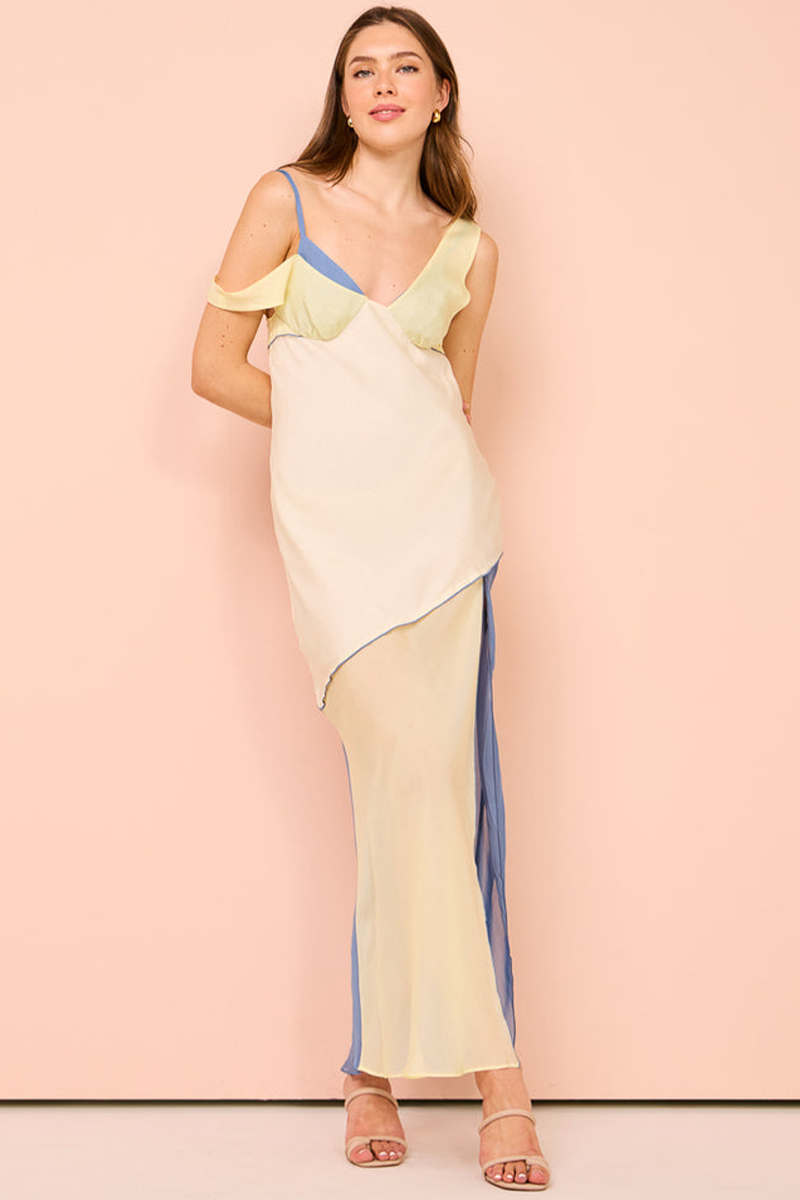 Colorblock Patchwork Slit Hem Sleeveless Maxi Dresses-Yellow-Hayhty.All Rights Reserved.