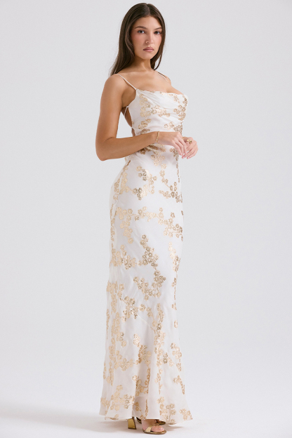 Shimmering Floral Pattern Lace Up Backless Fishtail Hem Slip Maxi Dresses-White-Hayhty.All Rights Reserved.
