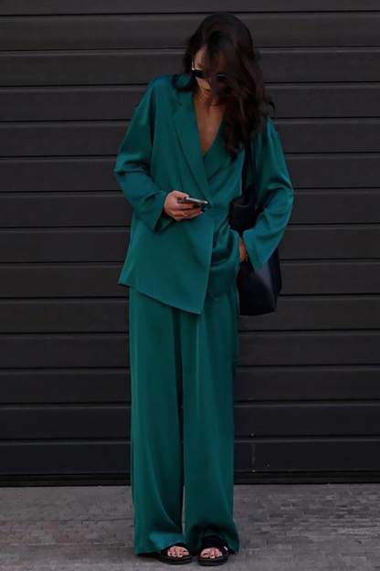 V Neck Long Sleeve Loose Fit Blazer Satin Wide Leg Pants Matching Set-Green-Hayhty.All Rights Reserved.