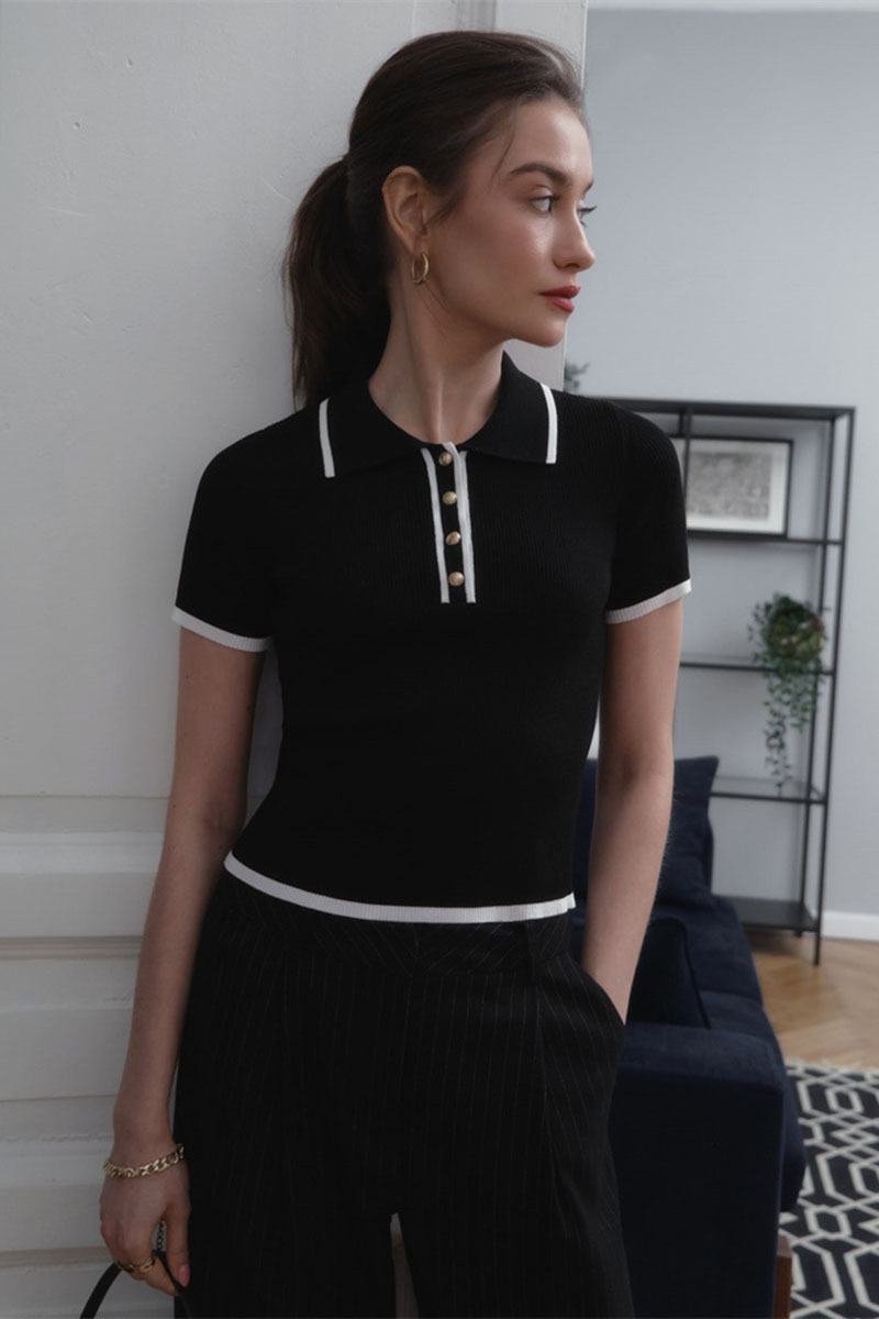 Short Sleeve Turndown Collar Half Button-Up Colorblock Trim Knit Top-White-Hayhty.All Rights Reserved.