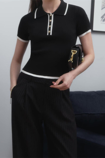 Short Sleeve Turndown Collar Half Button-Up Colorblock Trim Knit Top-White-Hayhty.All Rights Reserved.