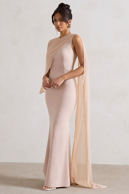 Mesh Patchwork Asymmetrical Caped Sleeve Bodycon Gowns Maxi Dresses-Beige-Hayhty.All Rights Reserved.