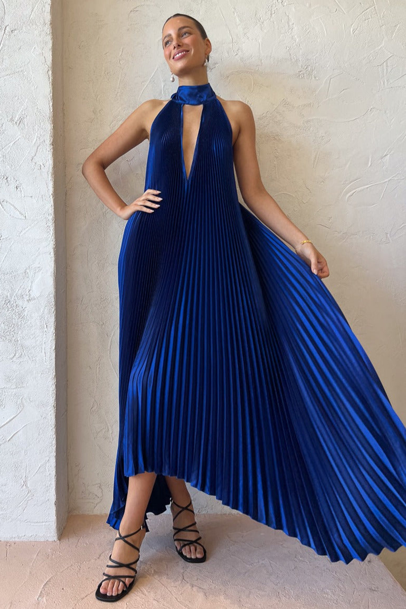Halter Tied Up Cutout Neck Pleated Backless Asymmetric Hem Wedding Guest Maxi Dresses-Hayhty.All Rights Reserved.