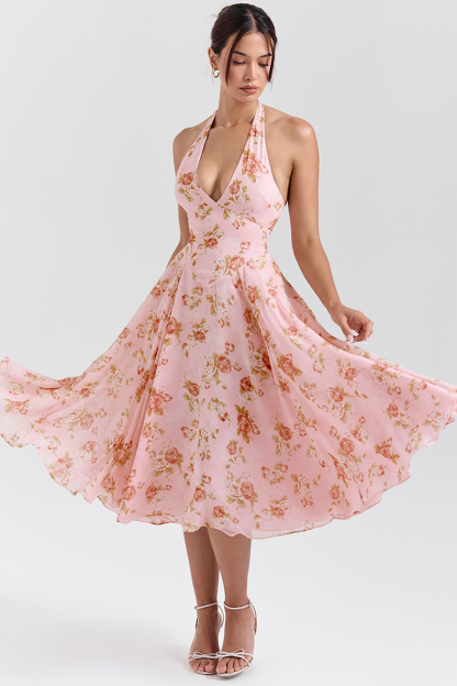 Deep V Neck Floral Print Cinch Waist Halter Midi Dresses-Pink-Hayhty.All Rights Reserved.