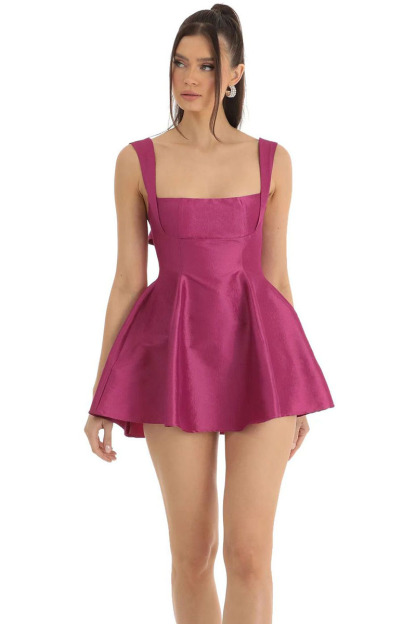 Square Neck Straps White Bow Knotted Cutout Backless A-line Satin Mini Dresses-Hayhty.All Rights Reserved.