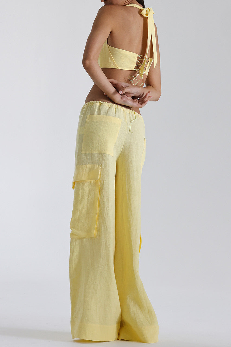 Halter Crop Top Oversize Pocket Wide Leg Pants Matching Set-Yellow-Hayhty.All Rights Reserved.