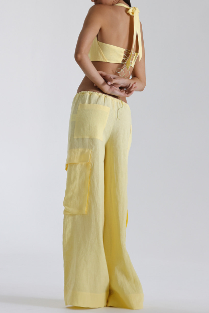 Halter Crop Top Oversize Pocket Wide Leg Pants Matching Set-Yellow-Hayhty.All Rights Reserved.