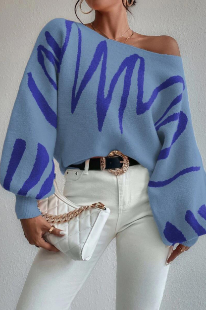 Knit Pattern Print Balloon Sleeve Sweater-Blue-Hayhty.All Rights Reserved.