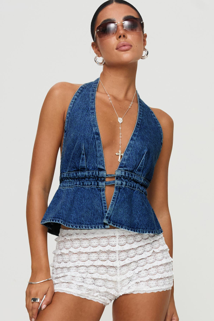 Deep Plunge Neckline Tie Up Open Back Denim A-Line Halter Neck Top-Blue-Hayhty.All Rights Reserved.
