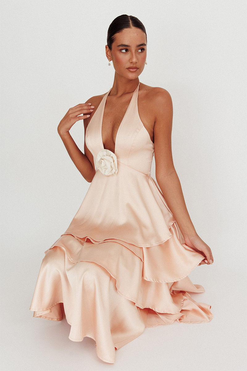 Tiered Ruffled Hem 3D Flower Decor Halter Midi Dresses-Champagne-Hayhty.All Rights Reserved.