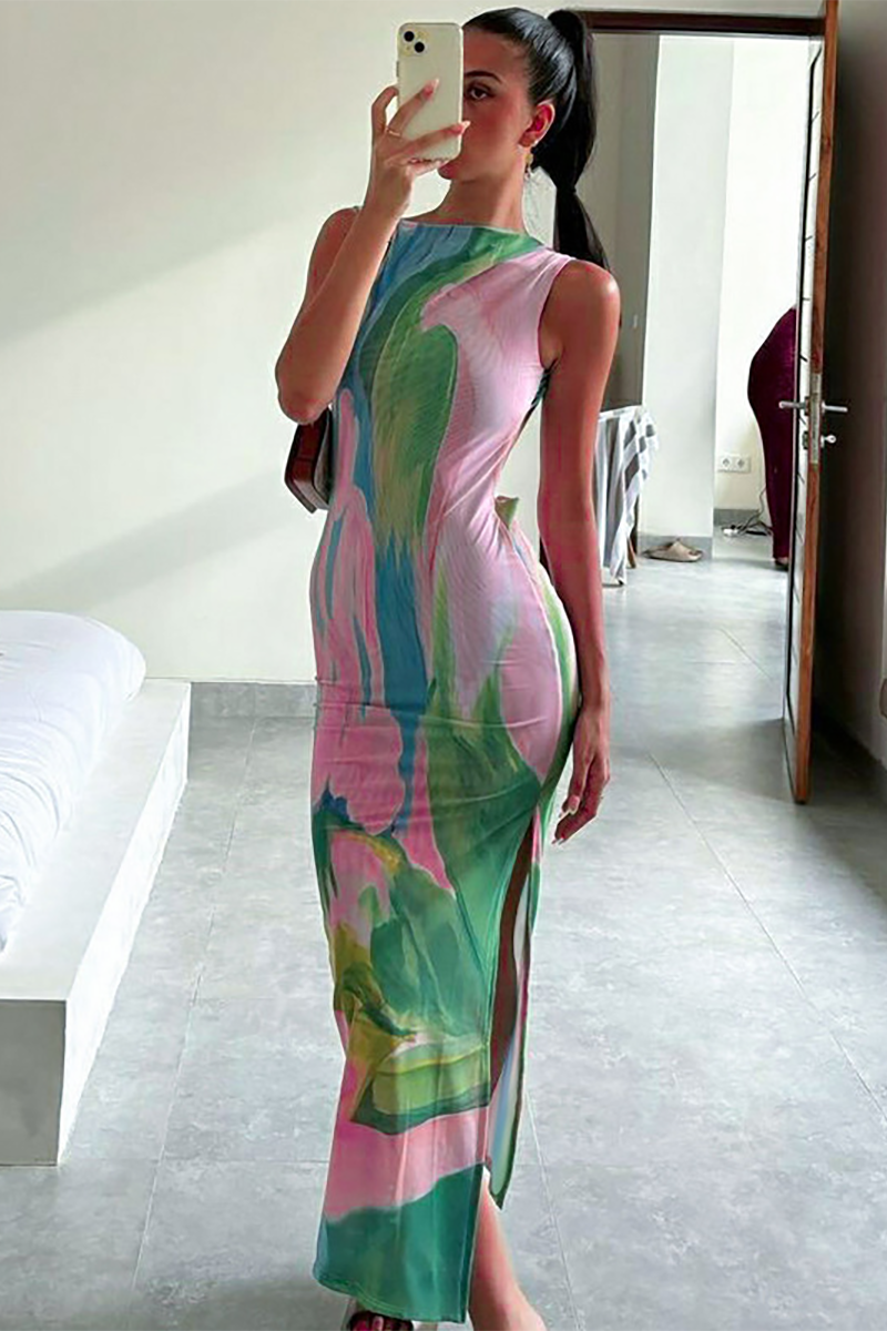 Pattern Print Slim Fit Open Back Side Slit Maxi Tank Dresses-Pink-Hayhty.All Rights Reserved.