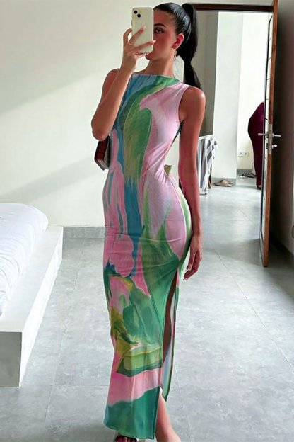 Pattern Print Slim Fit Open Back Side Slit Maxi Tank Dresses-Pink-Hayhty.All Rights Reserved.