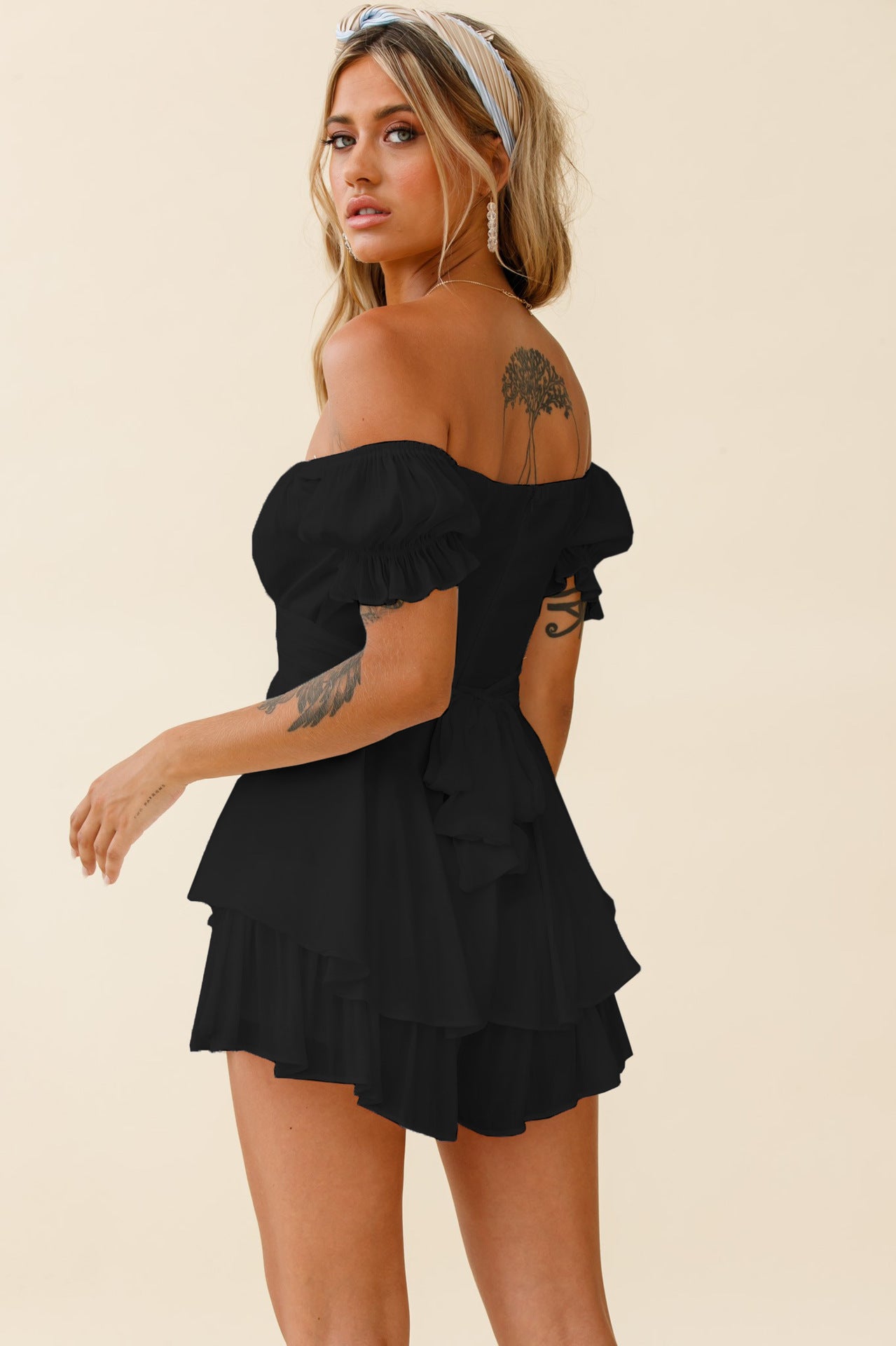 Off Shoulder Short Sleeve Jumpsuit-Hayhty.All Rights Reserved.