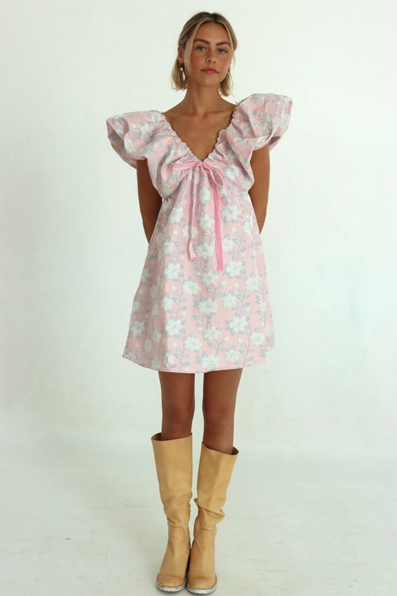 Floral Print V Neck Puffy Sleeve Tie-Up Ribbon A-Line Mini Dresses-Pink-Hayhty.All Rights Reserved.