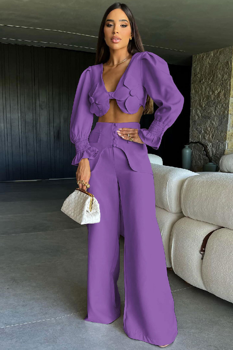 Floral Patchwork V Neck Crop Top High Waist Wide Leg Pants 2pcs Set-Beige-Hayhty.All Rights Reserved.