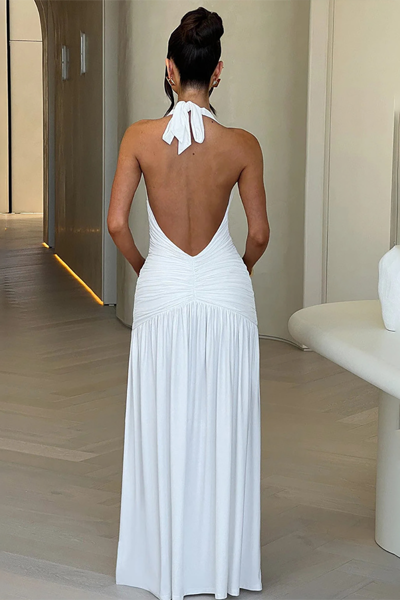 Deep V Neck Ruched High Slit Halter Open Back Maxi Dresses-Brown-Hayhty.All Rights Reserved.