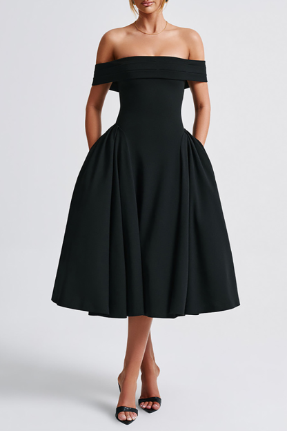 Boat Neck Draped Shoulder Cinch Waist Plain Gowns Midi Dresses-Black-Hayhty.All Rights Reserved.