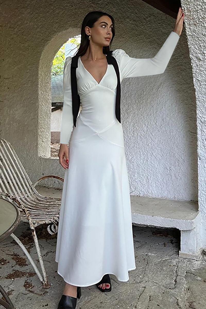 Colorblock Bow Juliet Sleeve Deep V Neck Cinch Waist Maxi Dresses-White-Hayhty.All Rights Reserved.