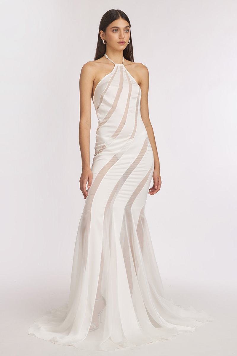 Halter Satin Sheer Chiffon Patchwork Mermaid Maxi Dresses-White-Hayhty.All Rights Reserved.
